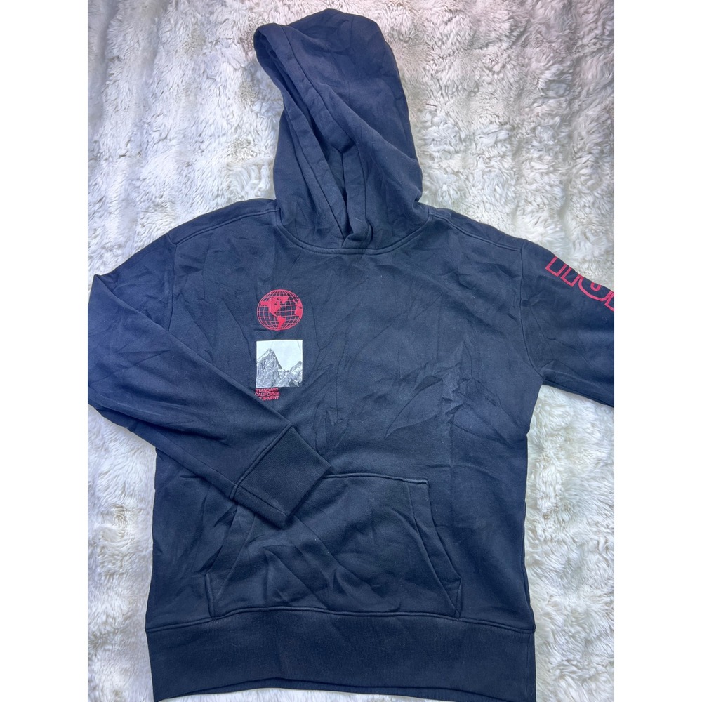 Hollister California Mens Graphic Hoodie Black Mountain Print Red Logo Sz S. A35